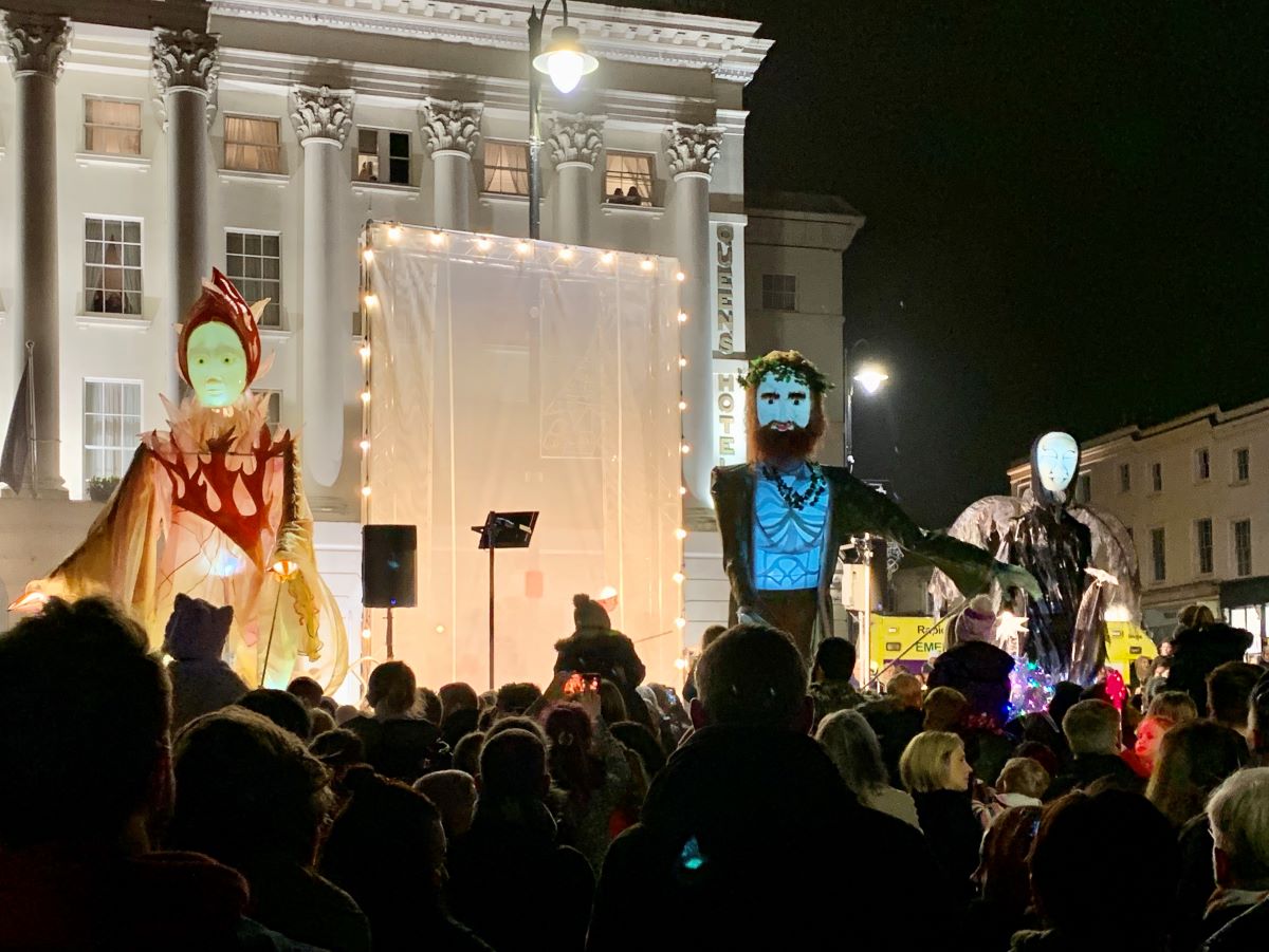 Giant puppet Ghosts of Christmas Carol during Light Up Cheltenham